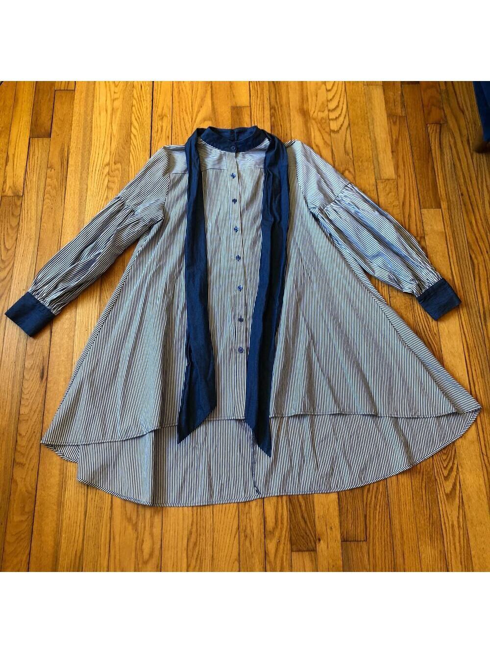 CQ by CQ EUC Women's Bowtie Shirt Dress Blue White Pinstripe Size S